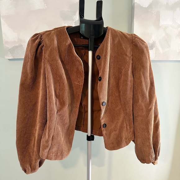 BROWN CORDUROY JACKET WITH BLACK BUTTONS AND PUFF SHOULDERS - Picture 1 of 1